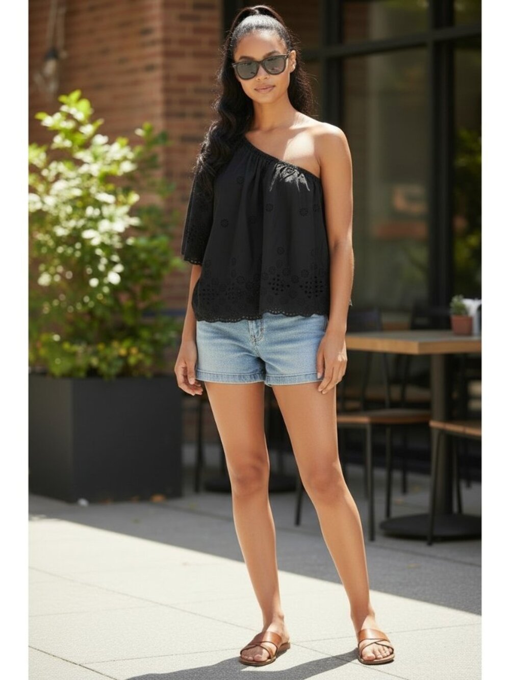 Michael Stars Womens Size XL Black Nash Eyelet One Shoulder Top Summer Casual
